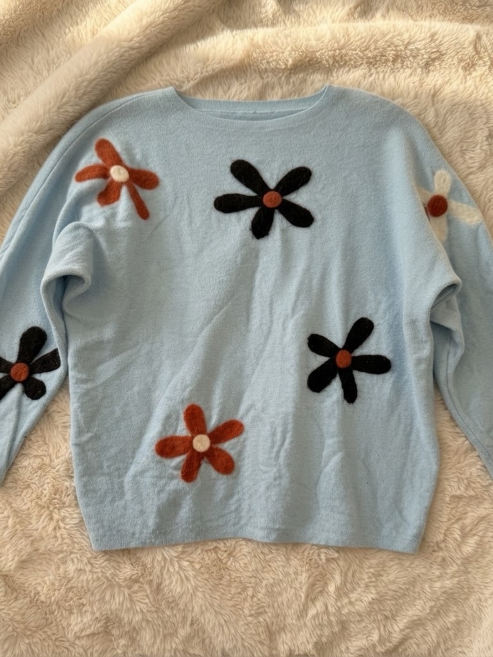 Women's Light Blue Crewneck Sweater with Floral Appliqués